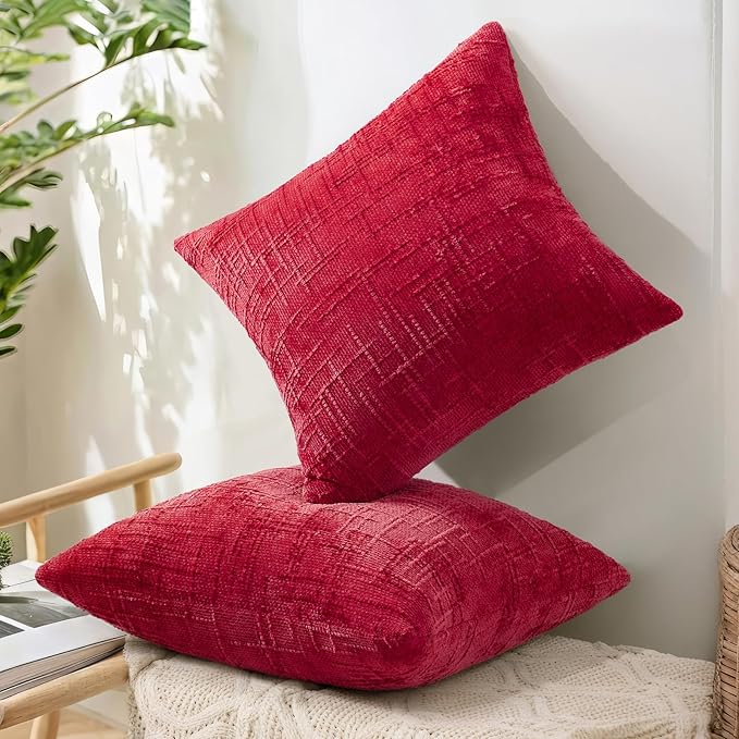 decorUhome Christmas Red Chenille Throw Pillow Covers 26x26 Set of 2 Thick Textured Slubby Couch Pillow Covers Farmhouse Accent Modern Neutral Decorative Pillow Cases for Bed Sofa Living Room