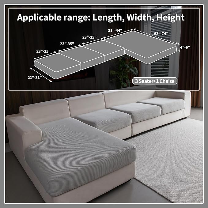 Sectional Couch Covers, Wear Resistant Stretch Sofa Covers Washable Soft Couch Cushion Covers Anti Slip Furniture Protector Sofa Slipcovers for Pets(4 Pieces 3 Seaters+1 Chaise, Light Gray)