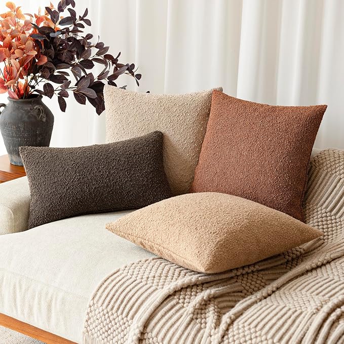Foindtower Decorative Textured Boucle Throw Pillow Covers Accent Solid Pillow Cases Neutral Soft Cozy Couch Cushion Case for Chair Sofa Bedroom Living Room Home Decor 18x18 Inch,1PC,Burnt Orange Hazel