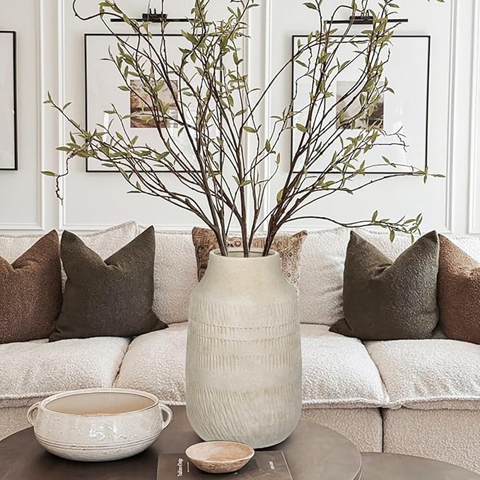 11" Rustic Ceramic Vase with Irregular Flutes Texture & Sand-Grain Surface, Antique Vase for Pampas & Vibrant Flowers, Warm-Toned Style, Beige White