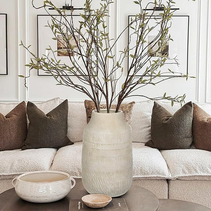11" Rustic Ceramic Vase with Irregular Flutes Texture & Sand-Grain Surface, Antique Vase for Pampas & Vibrant Flowers, Warm-Toned Style, Beige White