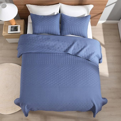 HORIMOTE HOME Denim Blue Queen Size Quilt Set - Soft Microfiber Bedspread with 2 Shams, Lightweight & All-Season Geometric Coverlet for Cozy Bedding