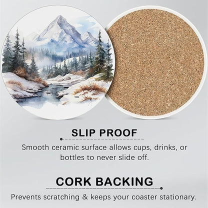 6 Pcs Drink Coasters with Holder,Mountain Landscape Watercolor Absorbent Round Ceramic Coaster for Tabletop Protection,for Coffee Cup Beverage Coasters Wine Beer Bar