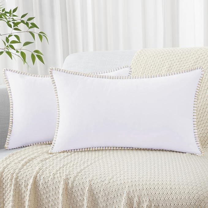 decorUhome Spring Chenille Soft Throw Pillow Covers 12x20 Set of 2, Lumbar Velvet Farmhouse Neutral Decorative Pillow Covers with Stitched Edge for Couch Sofa Bed Home Decor, White