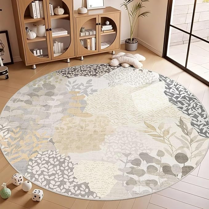 DEXDE Round Rug 6ft Washable Circle Area Rugs, Non Slip Low Pile Boho Floral Large Circular Carpet for Bedroom Bathroom Entryway Kids Room Office Dining Room, Gray