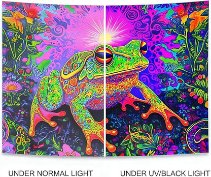 seewan Black Light Frog Tapestry, Glow-in-the-Dark UV Neon Psychedelic Toad with Sunlight Tapestry, Psychedelic Abstract Natural Animal Art Tapestry, Bedroom Dorm Living Room Background Decor