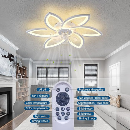 Ceiling Fan with Lights Remote Control, White Flower Ceiling Fan with Light, 3 Light Color Modern Low Profile Flush Mount Ceiling Fan for Kitchen Bedroom Living Room