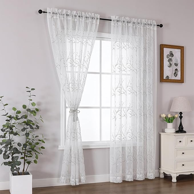 VISIONTEX White Sheer Curtains 108 inch Length 2 Panels Set Decorative Grey Coral Embroidery Rod Pocket Embroidered Semi Sheer Window Drapes for Living Room and Bedroom 54 x 108 Inches