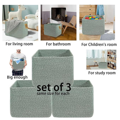 COMFY-HOMI 3Pack Small Woven Cotton Rope Basket for Organizing, Gift Baskets for Handles, Empty Gift Baskets, Medium Rope Basket|13.5" x 11" x 9.5" home decor for Living Room, Bathroom