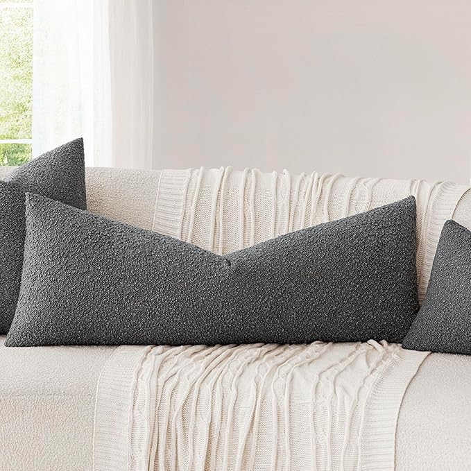 Foindtower Decorative Textured Boucle Throw Pillow Covers Accent Solid Pillow Cases Neutral Long Body Lumbar Couch Cushion Case for Chair Sofa Bedroom Living Room Home Decor 14x36 Inch,1PC,Dark Grey