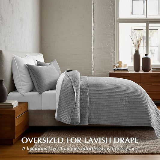 EVERGRACEHOME Cotton Sateen Quilt Set Queen Size, Pre-Washed Cotton Channel Stitch Coverlet Bedspread, 3 Pieces Lightweight Soft Bedding Sets for All Season, with 2 Pillow Shams, Fog Gray