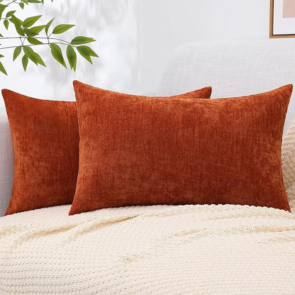 decorUhome Chenille Rust Throw Pillow Covers 12x20 Inch Set of 2, Decorative Soft Couch Pillow Covers Solid Dyed Accent Farmhouse Neutral Rectangle Pillow Cases for Sofa