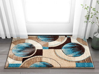 Well Woven Ruby Geometric 2x3 Mat Blue & Grey Vibrant Modern Contemporary Hand Carved Sunburst Design Perfect for Entryways & Small Spaces Plush Easy-Care Easy-to-Clean