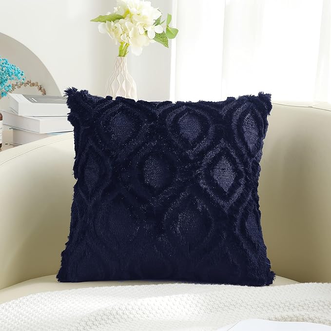 decorUhome Spring Throw Pillow Covers 20x20 Inch Set of 2, Soft Plush Faux Wool Navy Blue Solid Couch Pillow Covers, Accent Farmhouse Neutral Square Pillow Cases for Sofa Bed Living Room