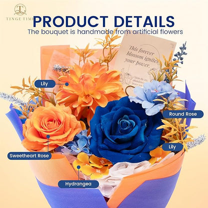 TINGE TIME Preserved Flowers Bouquet, Orange & Navy Blue Roses Gift Bouquet, Aritifical Flowers Gifts for Women, Eternal Roses Bouquet for Wife Anniversary Christmas Anniversary Home Décor
