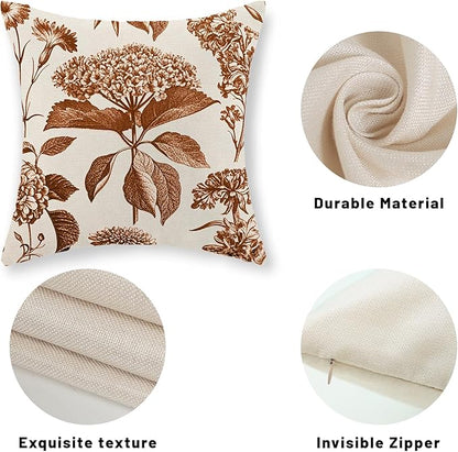 Orange Pillow Covers 16x16 Set of 2 Vintage Boho Floral Hydrangea Herbs Botanical Fall Throw Pillows Fall Outdoor Decoration Pillowcase Linen Farmhouse Cushion Case Decorative for Couch Sofa