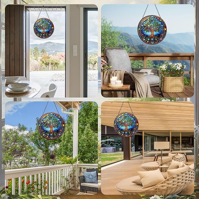 Rngmsi Tree of Life Stained Glass Window Hanging Gifts, 7.8″ Sun Catchers for Indoor Window Decor, Decorative Sun Catchers Home Wall Art Gift for Thanksgiving Christmas Housewarming