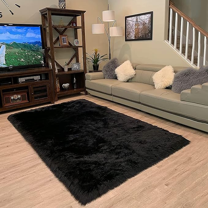 LAMBZY High Pile Super Fluffy Soft Faux Sheepskin Rug | Faux Sheepskin Rugs for Living Room Playroom Bedroom | Classic Super Soft to Touch Rug (4'x6', Black)