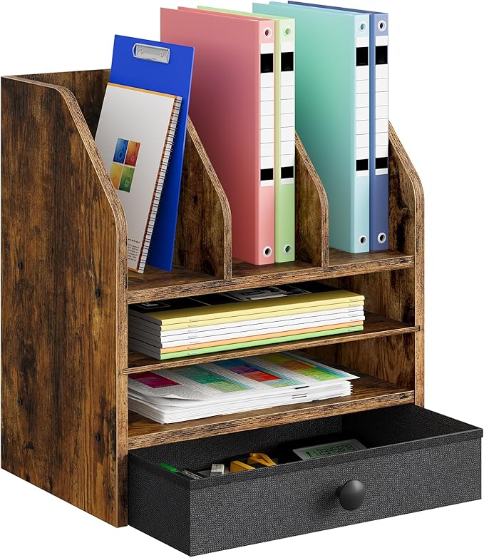 Wooden Desk Organizer with Removable Shelf and Fabric Drawer, Multi-Compartment Desktop File Holder for Home Office Storage, Desktop Mail Organizer, Rustic Brown MWJ05FG