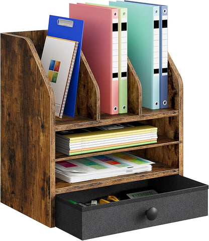 Wooden Desk Organizer with Removable Shelf and Fabric Drawer, Multi-Compartment Desktop File Holder for Home Office Storage, Desktop Mail Organizer, Rustic Brown MWJ05FG