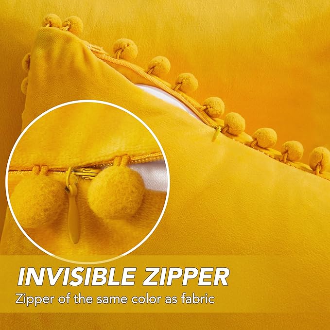Deconovo Velvet Throw Pillow Covers, Set of 2, Decorative Pom-poms Soft with Invisible Zipper Cover for Sofa,Yellow,22x22 Inch