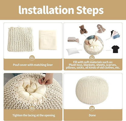 HOMBYS Unstuffed Ottoman Pouf Cover, 100% Cotton Handmade Knitted Ottoman Pouf Cover Round Foot Stool, Floor Bean Bag Chair, Foot Rest with Storage for Living Room Bedroom, Beige(Cover ONLY NO Filler)