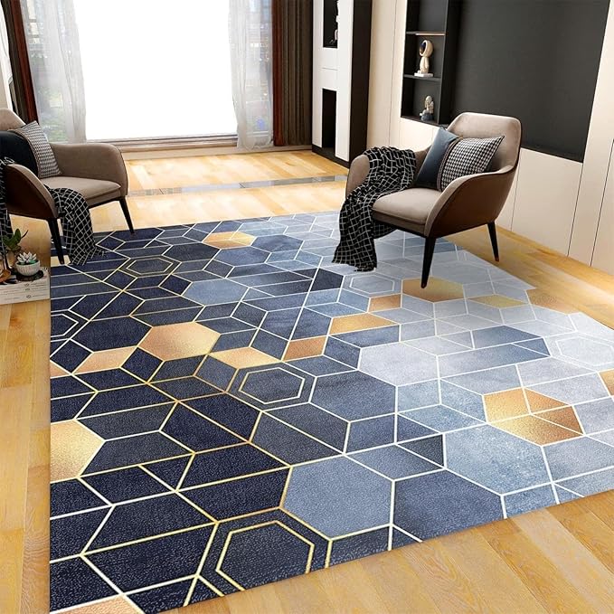 Black and Gold Blue Hexagon Area Rug, Geometric Honeycomb Living Room Rugs, Indoor Non-Slip Kids Large Rug for Bedroom Living Room Office Interior Decoration,5.3 x 8ft