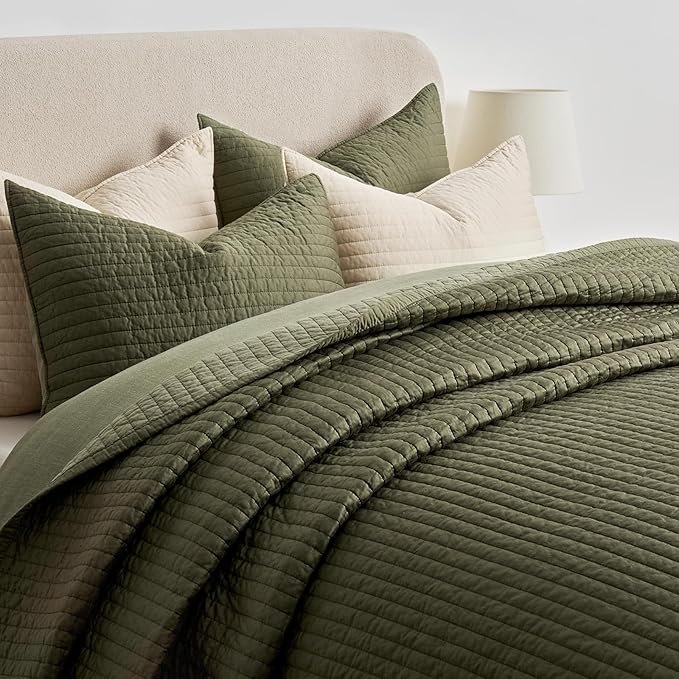EVERGRACEHOME Cotton Sateen Quilt Set Queen Size, Pre-Washed Cotton Channel Stitch Coverlet Bedspread, 3 Pieces Lightweight Soft Bedding Sets for All Season, with 2 Pillow Shams, Olive Green