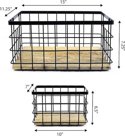 happimess BSK3004A-3SET Evvie Vintage Farmhouse Wire Metal Nesting Storage Baskets with Wood Base for Shelves, Cabinets, Pantry, Countertop, Mesh Open Bin Basket, Black/Natural (Set of 3)