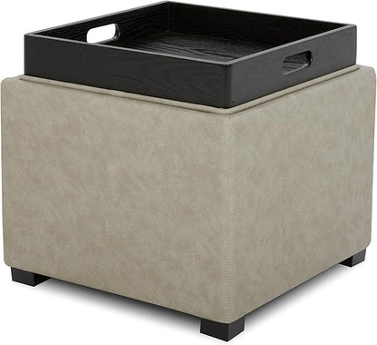 CHITA Storage Ottoman Cube with Tray Lid, Small Footstool with Storage, Square End Table for Living Room and Bedroom, Faux Leather in Stone Gray