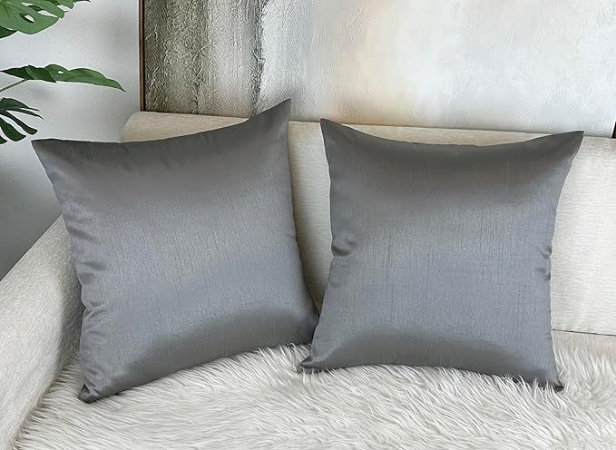 Aiking Home 18x18 Inches Faux Silk Square Throw Pillow Cover, Zipper Closure, Charcoal (Set of 2)