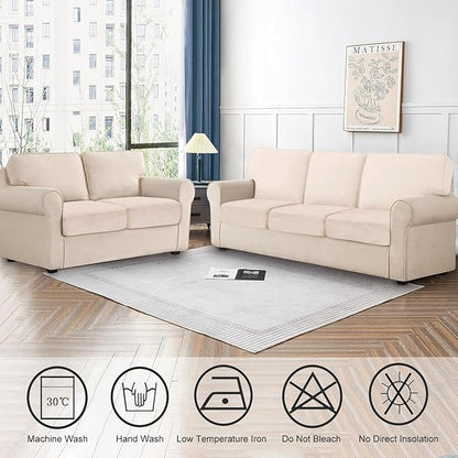 Couch Cushion Cover Velvet 2 Pieces Seat Cushion Cover Stretch LoveSeat Couch Covers Separate Sectional Sofa Slipcovers Furniture Protector (2-Seater or Backrest, Beige)
