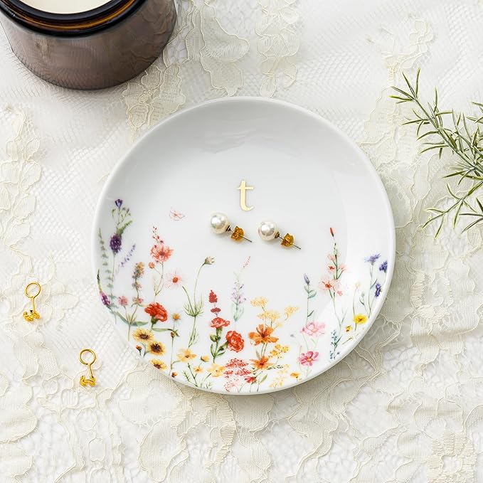 Crisky Initial Jewelry Tray Ring Dish & Gift Box, Ceramic Flower Trinket Dish for Rings Earrings Necklaces Keys, Bridal Shower Engagement Birthday Gift for Women, Friends 4.57" (Gold Foil T