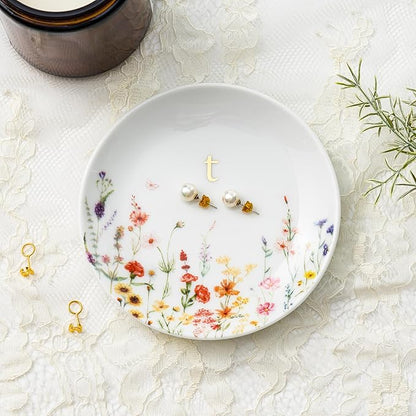 Crisky Initial Jewelry Tray Ring Dish & Gift Box, Ceramic Flower Trinket Dish for Rings Earrings Necklaces Keys, Bridal Shower Engagement Birthday Gift for Women, Friends 4.57" (Gold Foil T