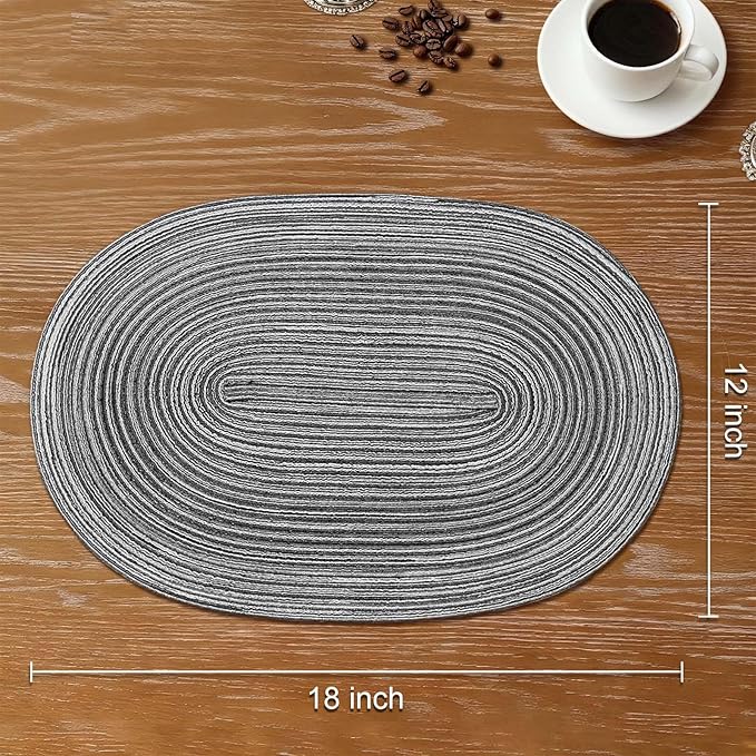 Noctiflorous Oval Braided Placemats Set of 8 Woven 12x18 Inch Non Slip Washable Heat Resistant Place Mats Tablemats for Dining Kitchen Party Daily Table Decor Dinner Mats (Gray Black, 8)