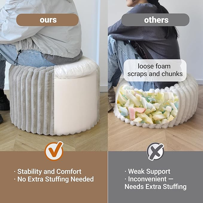 Luxury Round Stuffed Floor Poufs Ottoman, Stripe Faux Fur Footrest with Dual Layer Comfort, Removable Washable Cover, 20"x15" Plush Pouf Shaggy Stool for Living Room Bedroom, Gray