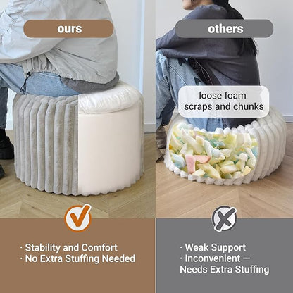 Luxury Round Stuffed Floor Poufs Ottoman, Stripe Faux Fur Footrest with Dual Layer Comfort, Removable Washable Cover, 20"x15" Plush Pouf Shaggy Stool for Living Room Bedroom, Gray