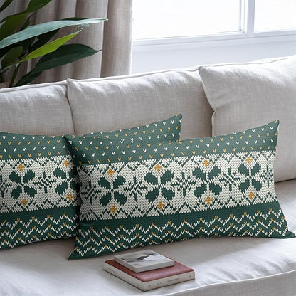 Dark Green Christmas Lumbar Pillow Covers 12x20 Set of 2 Xmas Floral Pattern Rustic Decorative Outdoor Farmhouse Pillowcases Decorations Winter Holiday Throw Cushion Cover Decor for Couch Sofa Bed