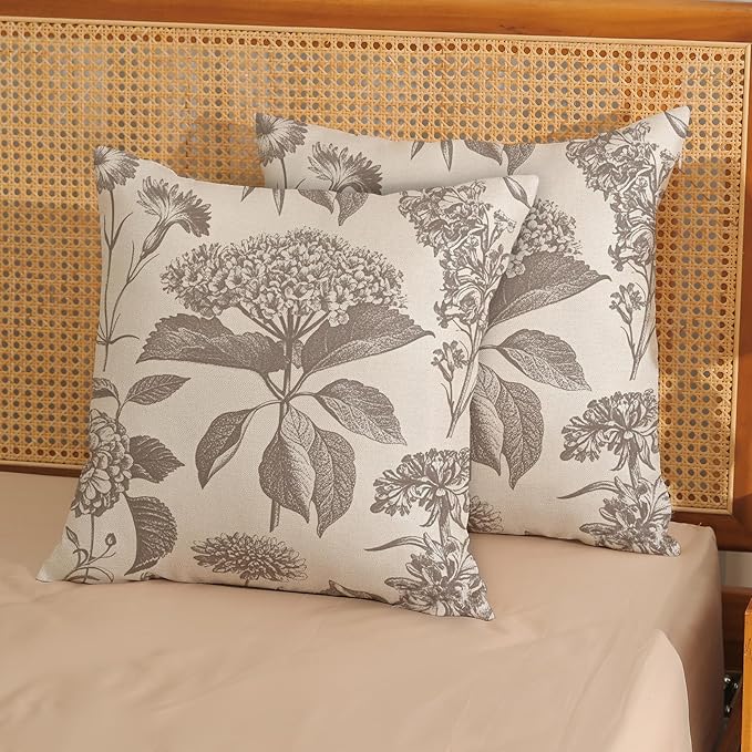 Tan Khaki Pillow Covers 18x18 Set of 2 Vintage Boho Floral Hydrangea Herbs Botanical Throw Pillow Cover Outdoor Flower Decorative Pillowcase Linen Farmhouse Cushion Case Decor for Couch Sofa