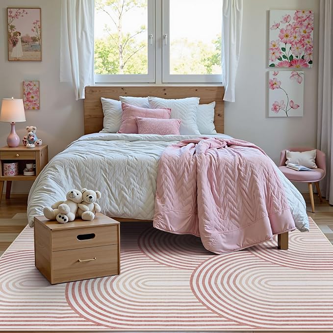 Moynesa Abstract Rainbow 6x9 Area Rugs for Living Room, Washable Soft Pink Rug for Bedroom Girl Nursery Classroom Ultra-Thin, Mid Century Modern Boho Large Floor Carpet for Playroom Home Office