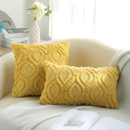 decorUhome Spring Euro Sham Throw Pillow Covers 26x26 Inch Set of 2, Soft Plush Faux Wool Mustard Yellow Solid Couch Pillow Covers, Accent Farmhouse Neutral Square Pillow Cases for Sofa Living Room