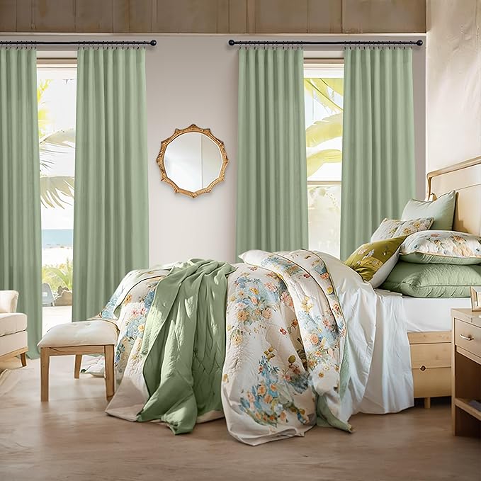 Sage Green Curtains 38 Inch Wide for Bedroom 2 Panels Back Tab Rod Pocket Semi Sheer Privacy Cotton Textured Light Filter Light Green Linen Curtains for Living Room Neutral Decor Width 38 x 96 Long