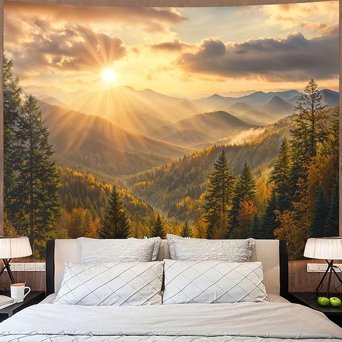 kampdream Landscape Tapestry, Scenery Art Wall Tapestries, Nature Wall Decor for Bedroom Living Room Backdrop Warm Sunset Mountain 60×80 inches