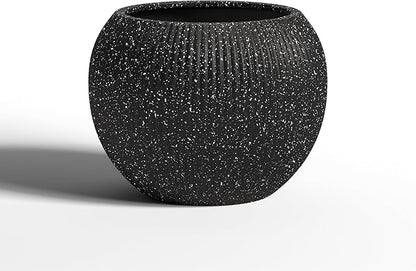 DTY Signature Mount Sherman Modern Indoor Outdoor Fiberstone Sphere Planter, Durable Round Garden Pot, Weather Resistant, Drainage Hole & Rubber Plug (Ribbed Black, Small)