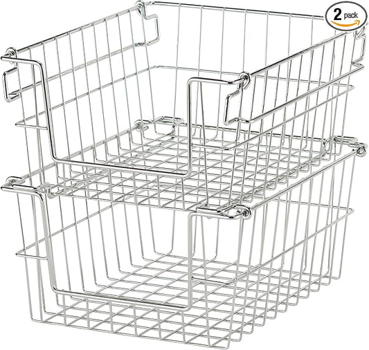 TRINITY 2-Pack Stackable Metal Wire Storage Baskets With Handles, EcoStorage Chrome, 11 Inches