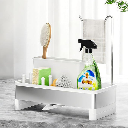 Stainless Steel Sink Caddy, Sponge Holder for Kitchen Sink with Brush Holder & Dishcloth Rack, Rustproof Sink Organizer Countertop, Kitchen Organizers Storage Essentials (E-White)