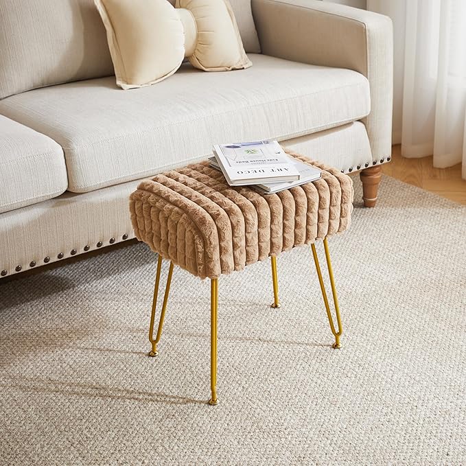 IBUYKE Rectangular Footrest Stool Ottoman, Makeup Vanity Stool Side Table, Velvet Dressing Table Seat, Footstool Chair, Golden Steel Legs, for Makeup Room, Bedroom, Square Grid Pattern, Khaki WBD003K