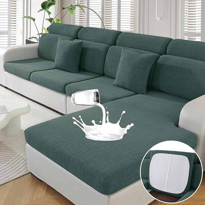 MAXIJIN Waterproof 4 Pieces Couch Cushion Covers for Sectional Sofa Seat Slipcover Stretch Sectional Couch Cover for L Shape Left/Right Chaise with Elastic Bottom (3 Seater + 1 Chaise, Pea Green)