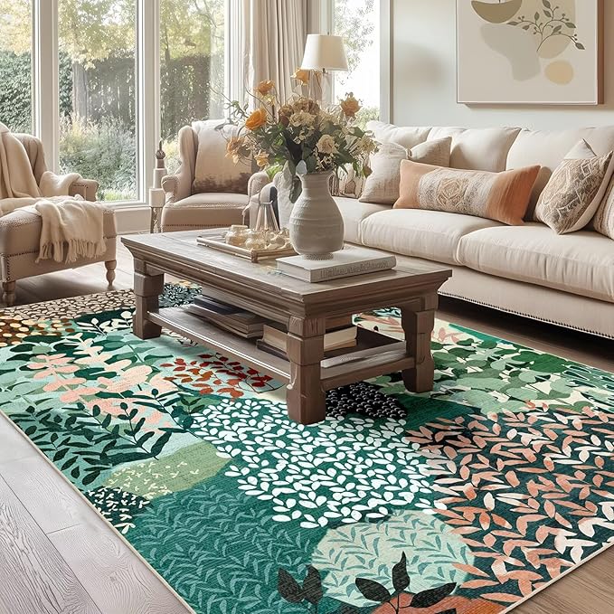 DEXDE Washable Area Rugs 6x9 for Living Room, Floral Large Rug Boho Print Vintage Low Pile Non Slip Carpet for Bedroom Kids Room Nursery Office Dinning Room, Dark Green