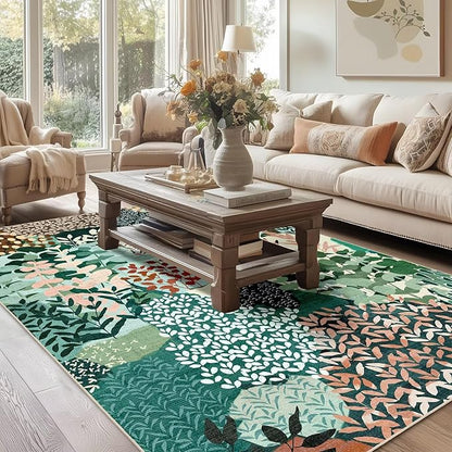 DEXDE Washable Area Rugs 6x9 for Living Room, Floral Large Rug Boho Print Vintage Low Pile Non Slip Carpet for Bedroom Kids Room Nursery Office Dinning Room, Dark Green